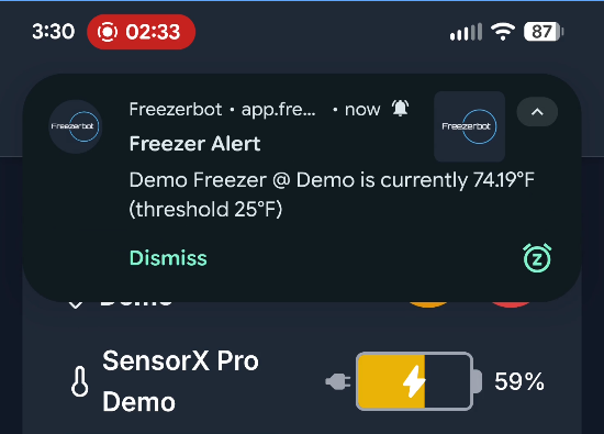 Phone notification showing Freezerbot temperature alert